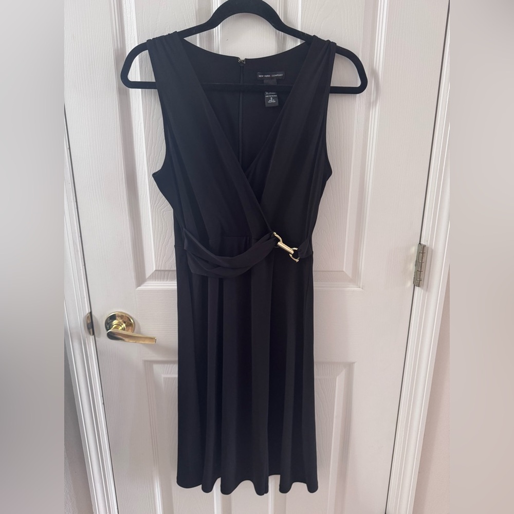 New York & Company Black Faux-Wrap Maxi Dress with Gold Buckle